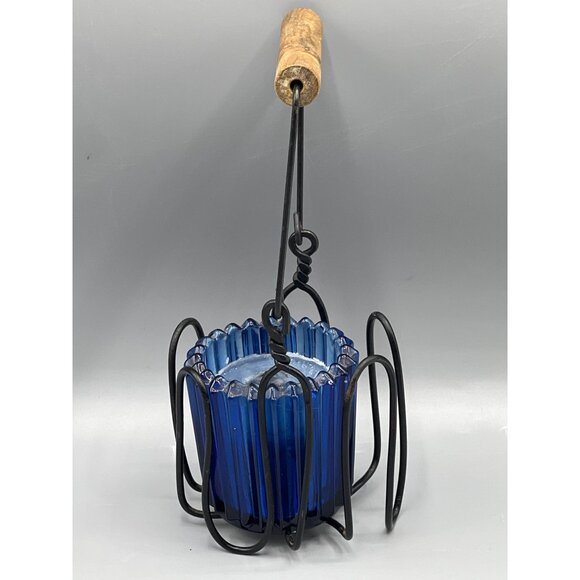 Cobalt Blue Glass Candle Holder With Iron Holder Wood Handle Primitive Look 4.5" - Picture 15 of 15